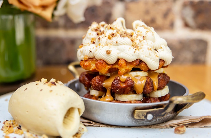 stack of breakfast waffles with ice cream